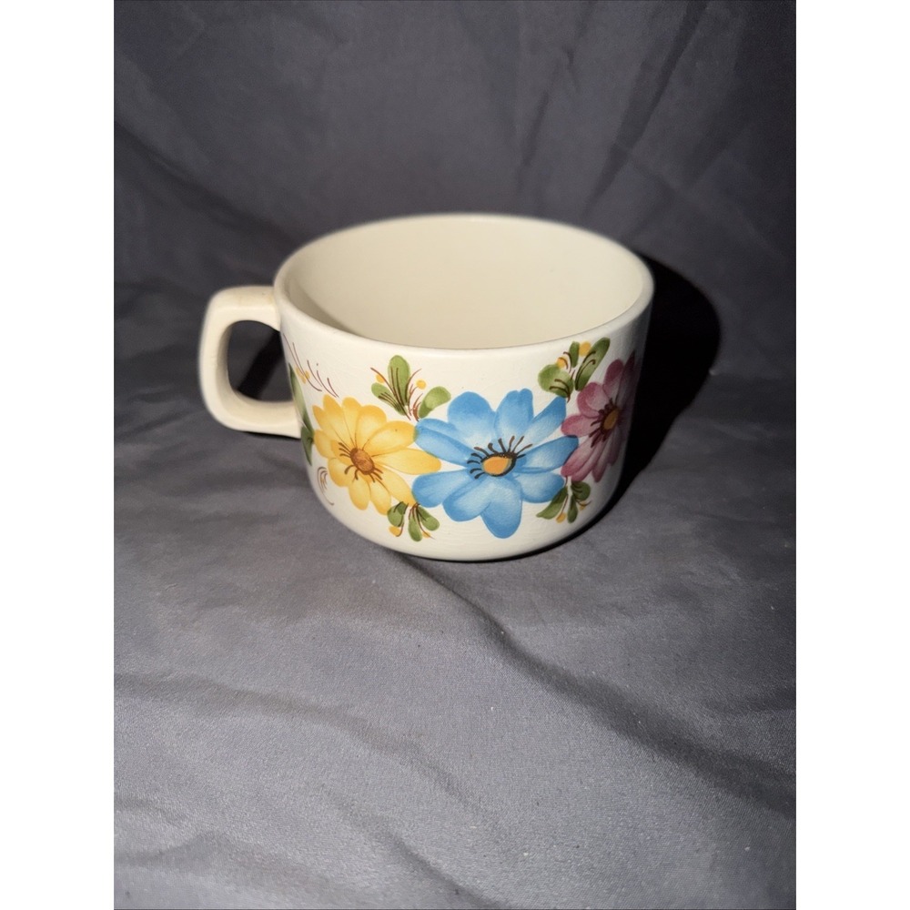 Vintage Floral Ceramic Handmade Mug Sado Portugal FTD 3" X 4.25" White Pink Blue